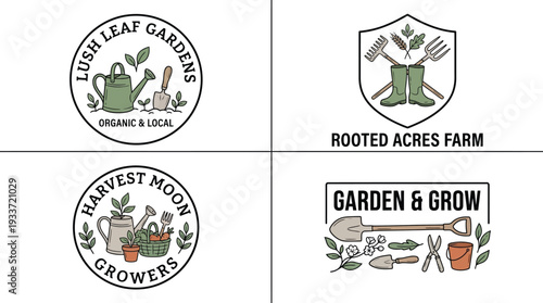 Set of four organic garden and farm logo designs with tools and plants