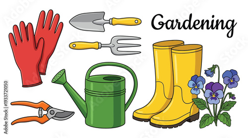 Set of Colorful Gardening Tools and Pansy Flowers on White Background