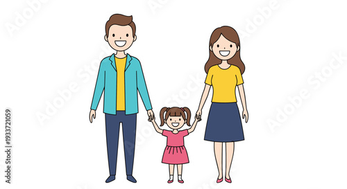 Happy family of three, including a father, mother, and young daughter, stand together holding hands and smiling warmly.