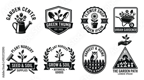 Collection of various monochrome gardening and plant nursery logos with tools and nature elements