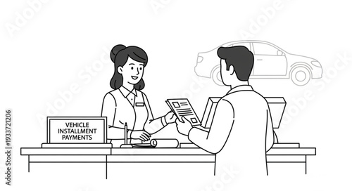 Woman Assisting Customer at Desk.