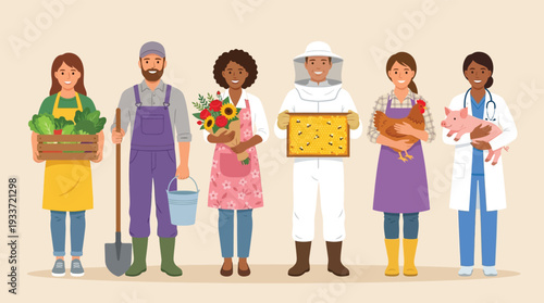 Rural professionals standing with produce animals and tools on light background
