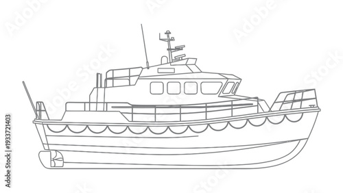 Rescue Vessel Illustration: A detailed line drawing showcases the design of a sturdy rescue vessel, ready to navigate the seas for maritime assistance and safety.