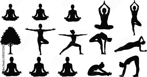 Yoga silhouette collection with meditation poses, tree pose, warrior stance, stretching and balance exercises isolated on white background, wellness fitness and mindfulness concept illustration