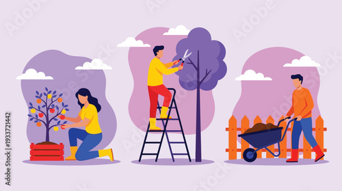 People gardening harvesting pruning and cultivating plants outdoors