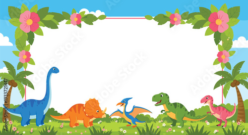 Colorful dinosaur border frame with various prehistoric creatures like brachiosaurus and tyrannosaurus rex set in a lush tropical jungle environment.