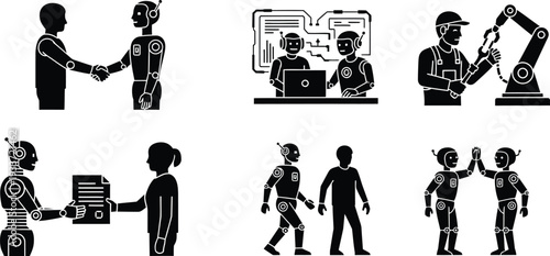 Human and Robot Collaboration Icon Set: Vector Silhouettes of AI Integration, Automation, Humanoid Assistance, and Future Workplace Technology for Business and Industrial Innovation