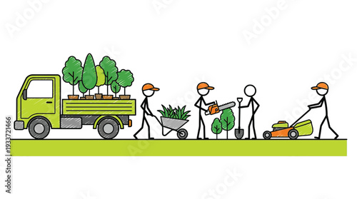 Stick Figure Gardeners with Truck Plants Tools and Lawnmower Landscaping