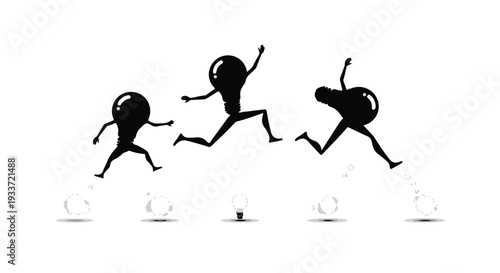 Three stylized lightbulbs with legs leaping forward in a dynamic progression, representing innovation and forward thinking.