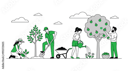 Gardeners planting trees watering flowers and picking apples outdoors