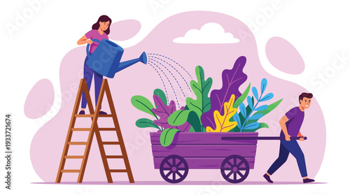 Man pulling cart of plants while woman waters them on a ladder