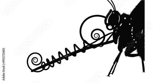 Delicate silhouette of a butterfly's proboscis uncurling on a white background.