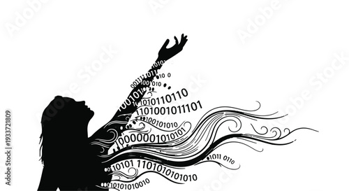 Silhouette of a woman reaching up as digital code and flowing lines emerge from her body, symbolizing creativity and innovation.