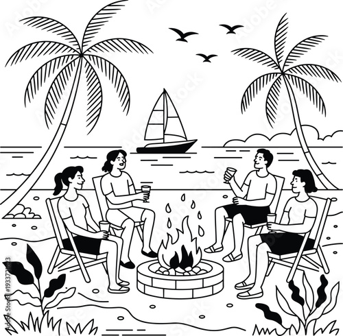 Beach bonfire line art illustration, friends camping by seaside with palm trees sailboat summer vacation outline drawing