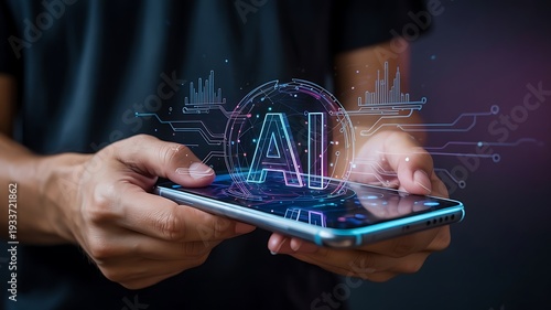 Close-up of hands holding a smartphone displaying a vibrant AI interface with digital circuits and glowing
