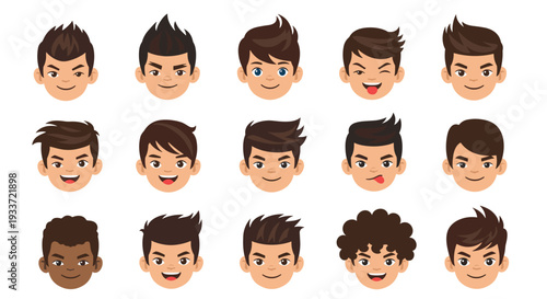 Grid of male head avatars displays a variety of facial expressions and hairstyles, ranging from happy and winking to angry and neutral looks.