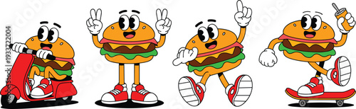 Cute burger mascot character set, cartoon hamburger riding scooter skateboard walking holding drink fast food illustration