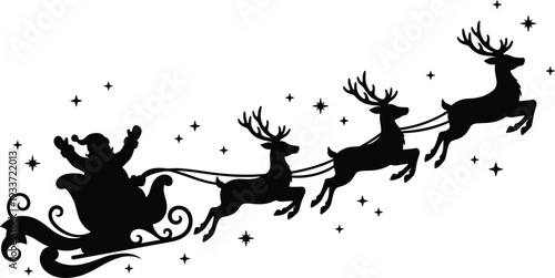 Black silhouette of Santa Claus in a sleigh pulled by reindeer flying through a starry night sky for Christmas holiday