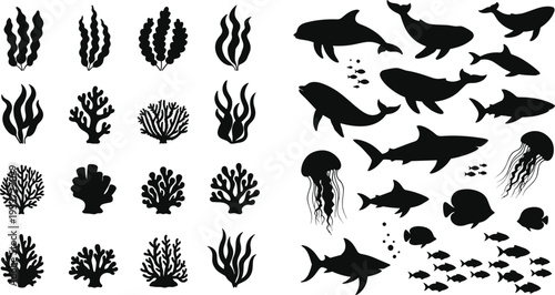 Black underwater sea life silhouette collection featuring whales, dolphins, sharks, jellyfish, tropical fish, seaweed, and coral reef elements for marine designs