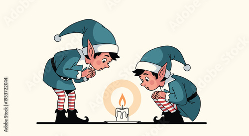 Two cute Christmas elves in blue outfits and striped leggings look curiously at a small glowing candle on a plate in a simple illustration.