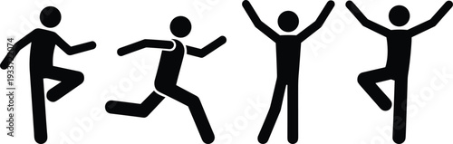 Black stick figure man icon set representing running, jumping, dancing, celebrating success, active lifestyle, human motion, and fitness exercises silhouettes