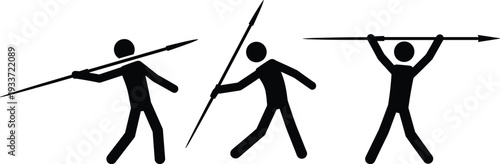 Black stick figure silhouettes of javelin throwers in various action poses, track and field athletes throwing spears, isolated on white