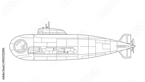 Submarine Schematic: A detailed illustration showcasing the internal structure and design of a submarine, revealing its sophisticated technology and engineering.