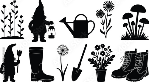 Garden gnome silhouette set, black and white gardening tools plants mushrooms boots vector illustration bundle