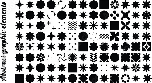 Black abstract graphic elements collection with stars, flowers, geometric shapes, circles, waves, and sparkles isolated on white background for creative design