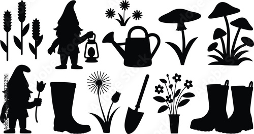 Garden gnome silhouette set, black and white gardening tools plants mushrooms boots vector illustration collection