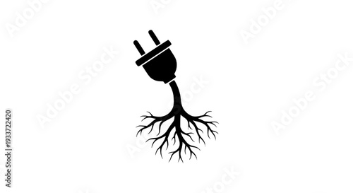 An electric plug morphs into tree roots symbolizing eco-friendly energy and sustainability from a front viewpoint
