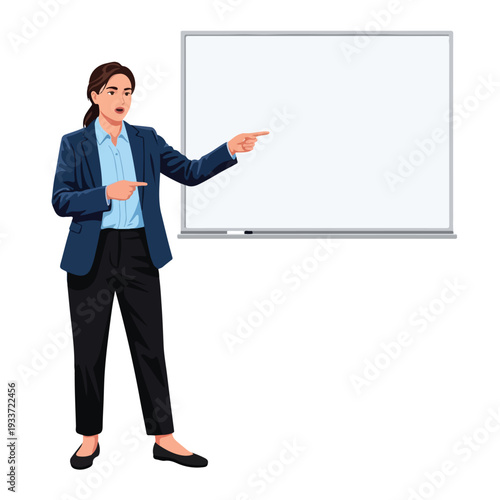 A professional businesswoman in a blue suit presenting on a whiteboard with a cartoon style, conveying a cute and informative mood against a clean white background.