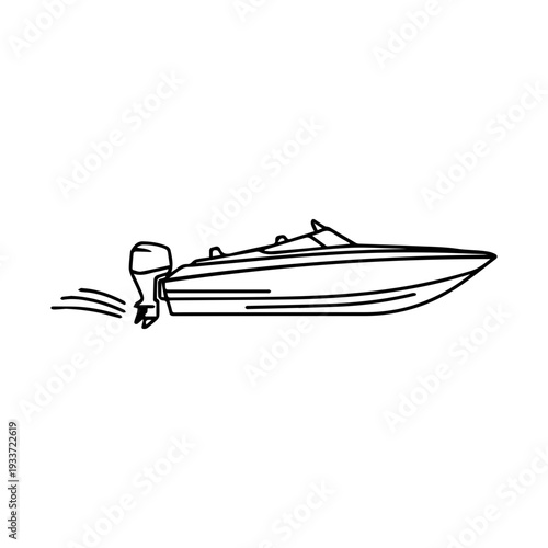 A sleek, modern speed boat with an outboard motor cruising through the water leaving a wake behind it