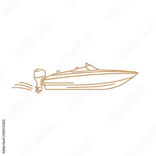 Golden outline illustration of a speed boat actively creating a wake. Depicting marine recreation, water sports, and speedy transport for leisure and summer enjoyment