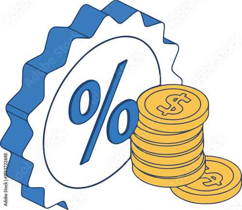 Eye-catching discount percentage symbol paired with a stack of coins, conveying financial savings and growth. Ideal for business, commerce, and financial concepts.