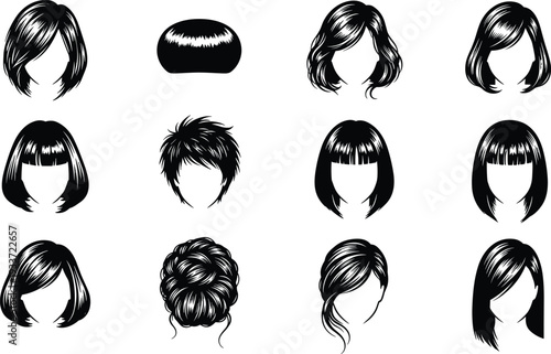 Collection of female hairstyle silhouettes set, short and medium haircut styles, black hair fashion icons isolated on white background for beauty salon design