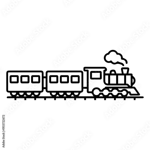 A stylized black and white outline illustration of a classic steam train with multiple carriages traveling along the tracks