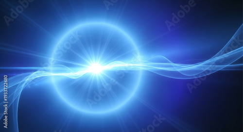Abstract glowing blue energy sphere with light trails.