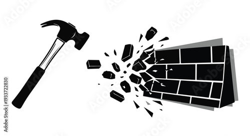 Hammer smashing through a brick wall, symbolizing breaking barriers and overcoming challenges with force and determination.
