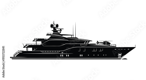 A striking black silhouette of a luxurious yacht with a helicopter on deck detailed silhouette high quality professional