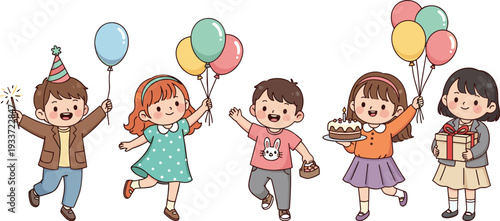 Cute children celebrating birthday party with balloons cake and gifts, happy kids group character set, kawaii style childhood celebration vector illustration