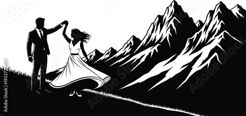 Elegant wedding couple dancing on mountain top silhouette, romantic bridal pair outdoors, mountain range landscape adventure marriage celebration vector illustration