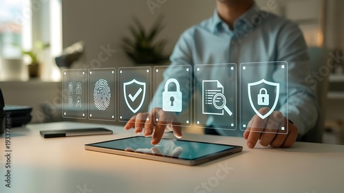 Person using a tablet with holographic security floating above, including fingerprint, shield, and lock symbols