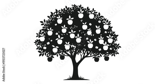 A strikingly simple black silhouette of a fully fruited apple tree against a white background silhouette high quality