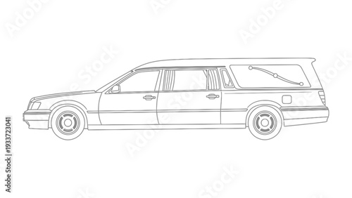 Hearse Illustration: A detailed line drawing of a hearse, a vehicle designed for transporting caskets, standing in stark outline.