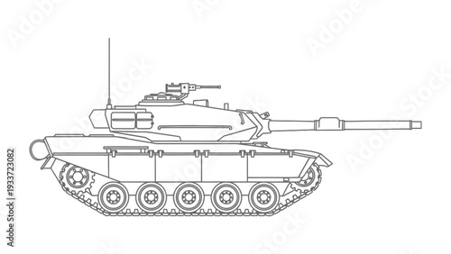 Military Tank Outline: A detailed line drawing of a military tank, showcasing its robust design and weaponry. It symbolizes power and technological advancement.