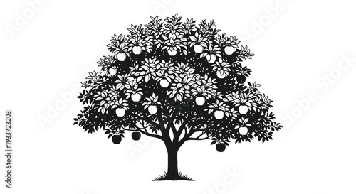 A detailed black silhouette of an apple tree laden with fruit showcasing intricate leaf patterns silhouette high quality