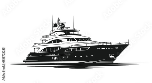 A striking black and white illustration depicts a luxurious yacht sailing on water a bold silhouette high quality