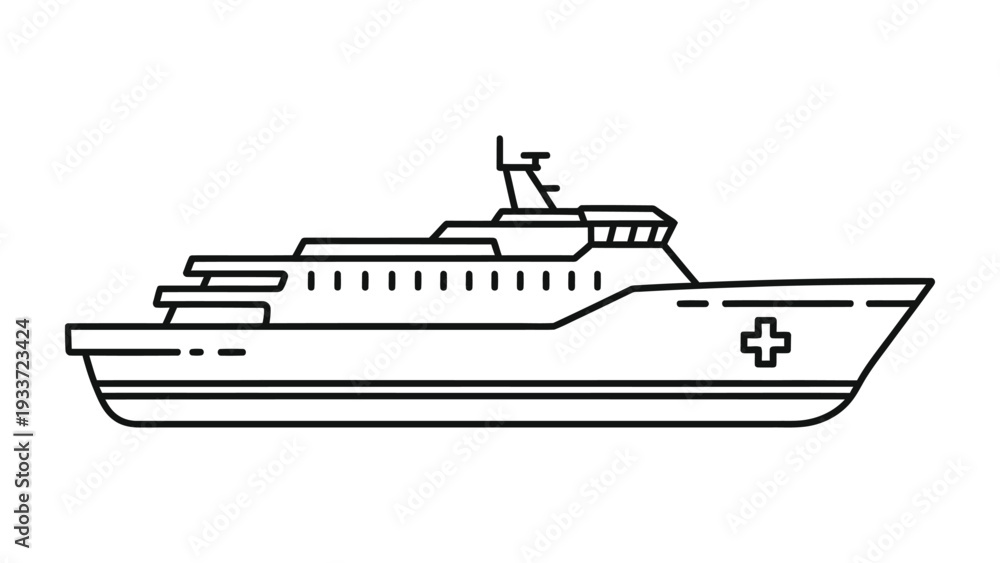 Naklejka premium Sea Ambulance Vessel: An illustration of a sea ambulance vessel, designed for maritime medical assistance, showcasing essential features such as the prominent medical symbol and a sturdy build.