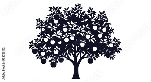 A dark detailed silhouette of a fruit tree laden with apples and lush foliage silhouette high quality professional